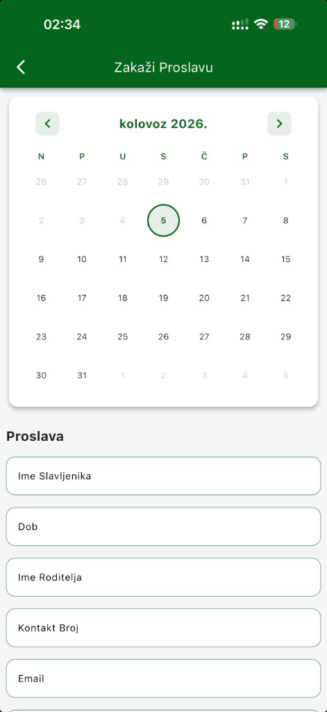 Zakazivanje proslave — kalendar i dostupni termini u aplikaciji